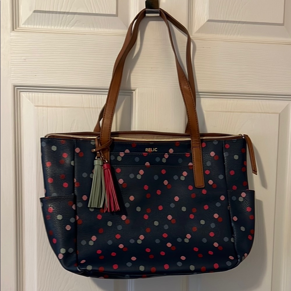 Relic Blue and Brown Tote Bag with Polka Dots